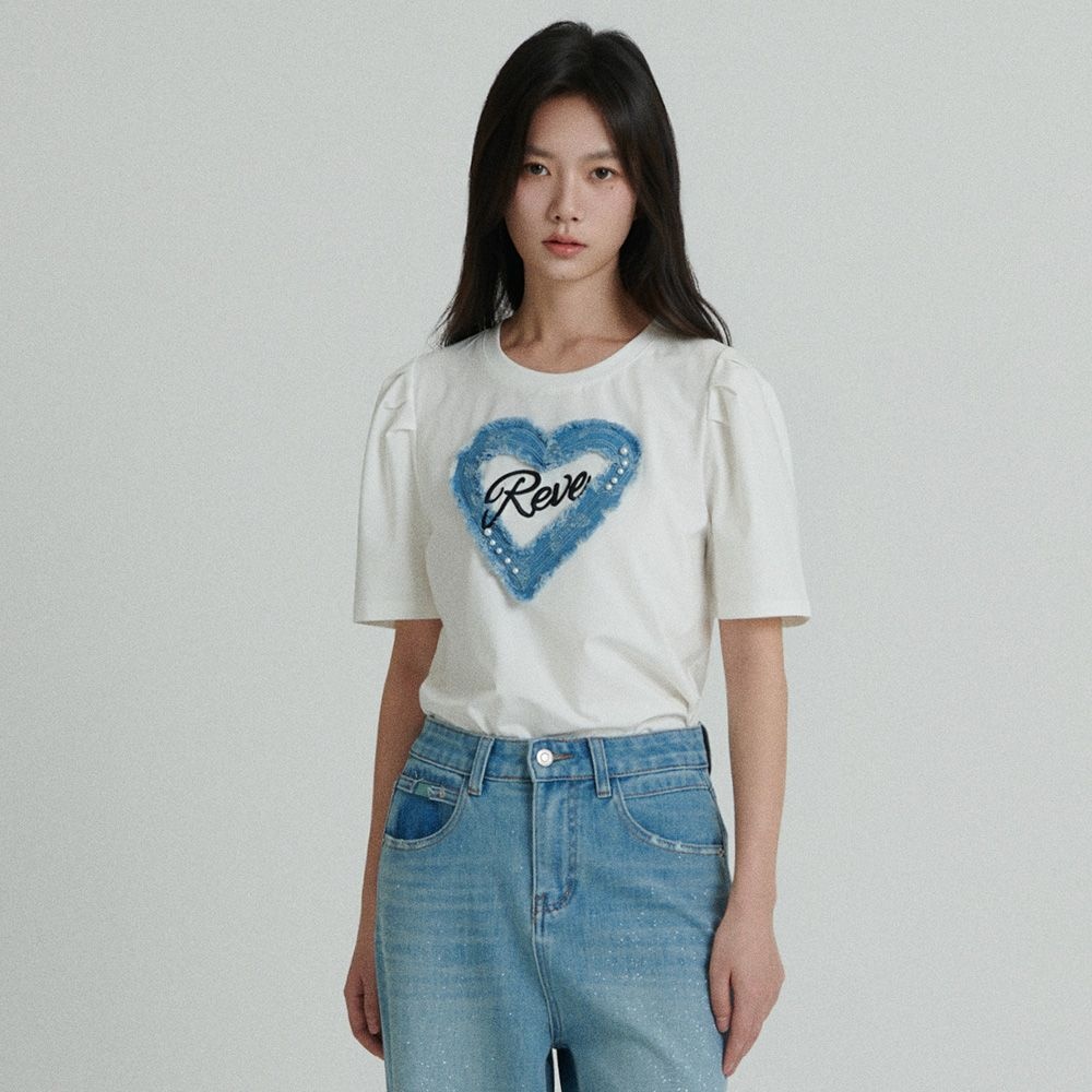 하트 데님패치 퍼프소매 티셔츠 S262B531