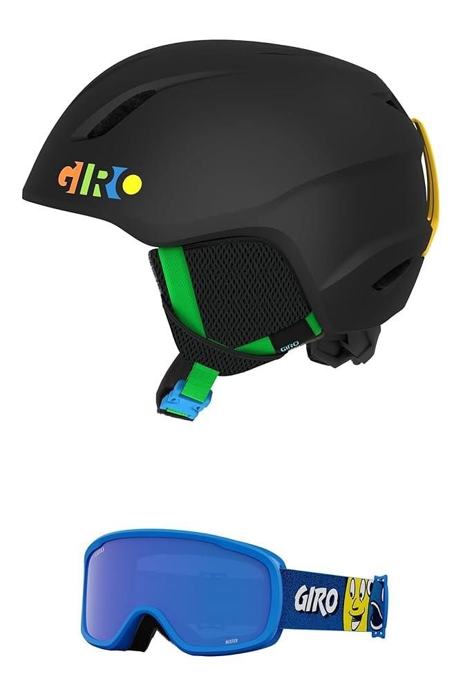 Giro [해외] Giro Launch 콤보 팩 스키 헬멧 - 매칭 고글 포함 스노우보드 매트 블랙 파티 블록/버스터 블루 페이스 코발트 S 52-55.5