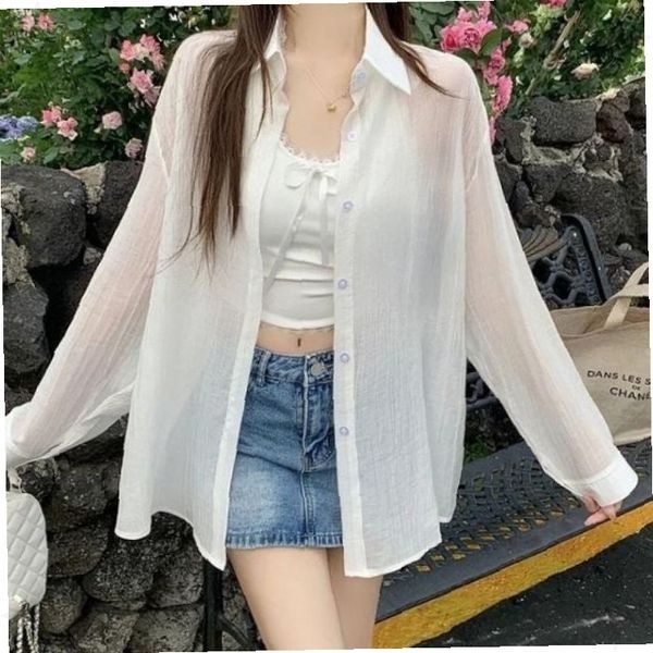 여성 시스루 긴팔 셔츠 화이트 썬케어 얇은 가디건 여름 자외선차단 캐주얼