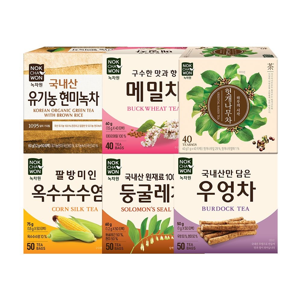 [오늘출발] 녹차원 티백차 6종 한번에쓱 (유기농현미녹차 50T+둥굴레차50T+메밀차 40T+우엉차 50T+옥수수수염차50T+헛개나무차40T)