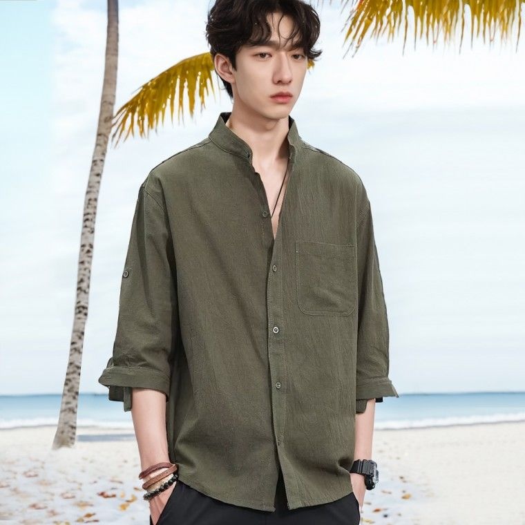 남자 여름 7부 쿨 린넨셔츠 루즈핏 헨리넥 차이나카라 린넨남방