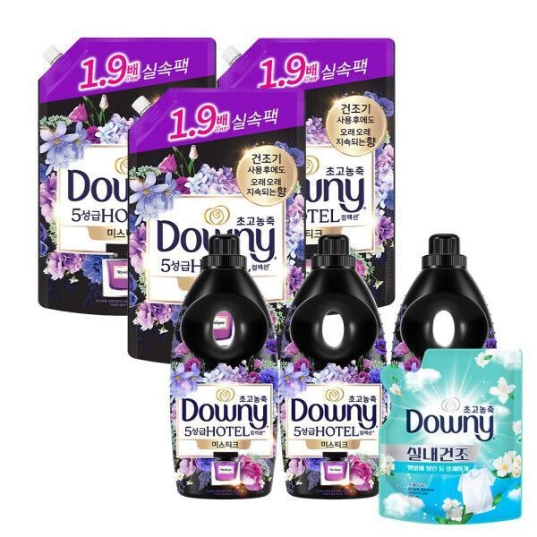 다우니 다우니 섬유유연제 퍼퓸 블랙 미스티크 세트 (1L 3개 + 1.35L 리필 3개) 프레시클린 200ml 1개 증정 571972
