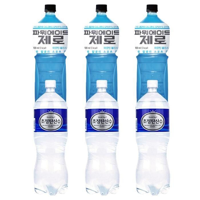 [한번에먹자] 파워에이드 제로 1.5L 3개 + 초정탄산수 1.5L 3개 / 총 6개