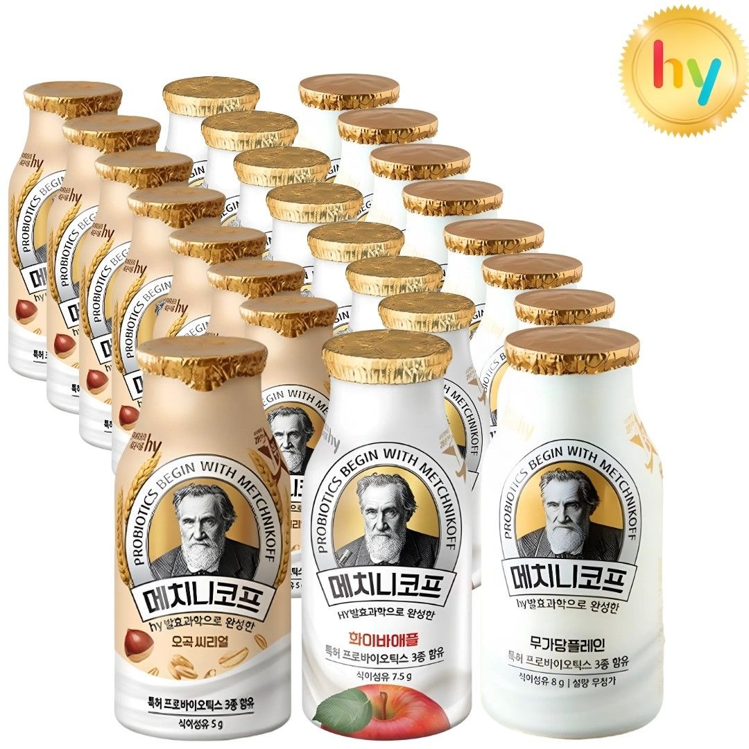 hy 한국야쿠르트 메치니코프 3가지맛 요거트140ml(화이바애플8+무가당플레인8+오곡씨리얼8) 총24입