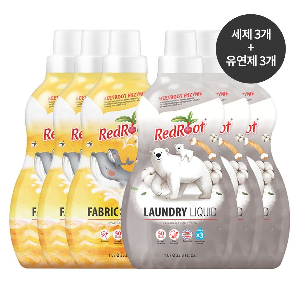 유아 아기 저자극 고농축 세탁세제 1L 3개 + 섬유유연제 1L 3개 (세탁세제 머스크플로럴 3개)