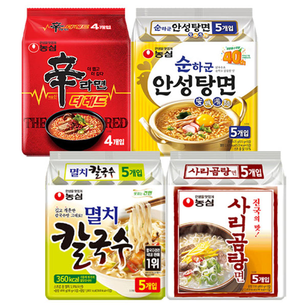 농심 신라면더레드 125g, 4개 + 순하군안성탕면 125g, 5개 + 사리곰탕면 110g, 5개 + 멸치칼국수 98g, 5개