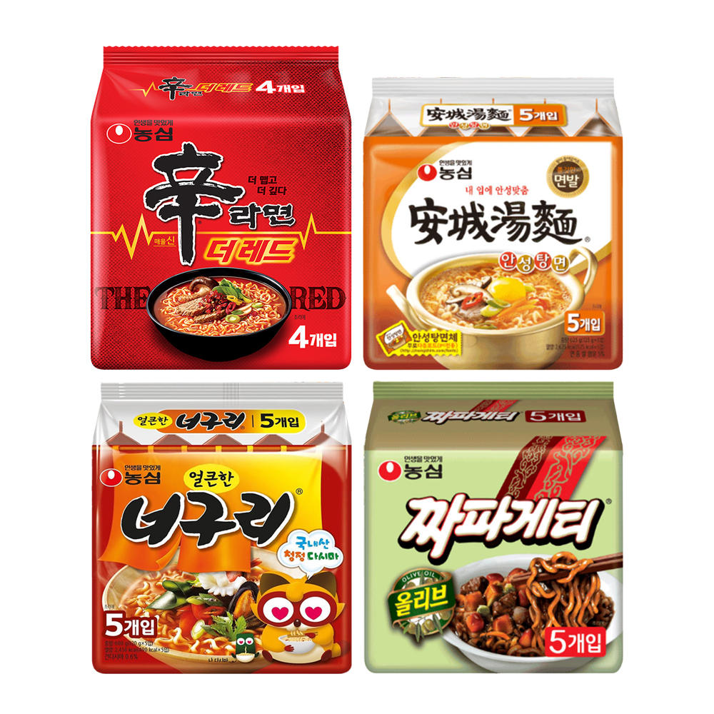 농심 신라면더레드 125g, 4개 + 짜파게티 120g, 5개 + 안성탕면 125g, 5개 + 얼큰한너구리 120g, 5개