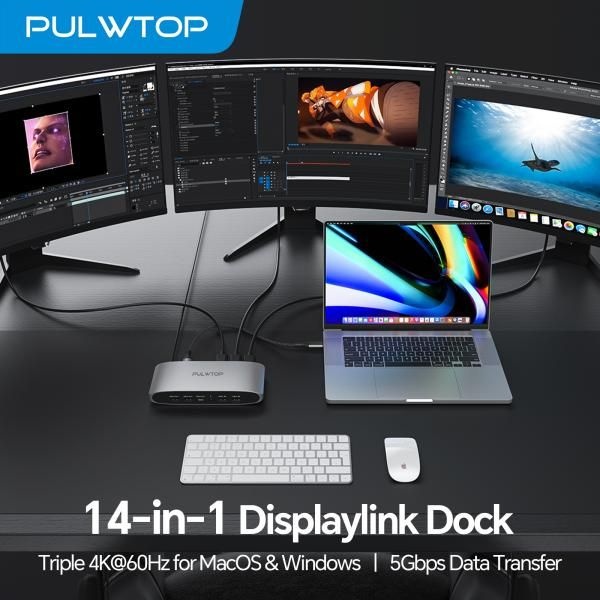 [해외] 노트북 도킹스테이션 DISPLAYLINK 듀얼 모니터 USB-C 허브 HDMI 4K PD 충전 PULWTOP 디