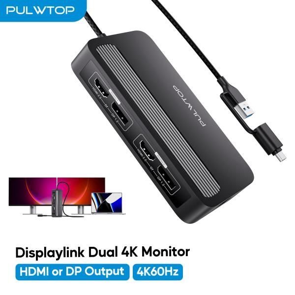 [해외] 노트북 도킹스테이션 DISPLAYLINK 듀얼 모니터 USB-C 허브 HDMI 4K PD 충전 PULWTOP 디