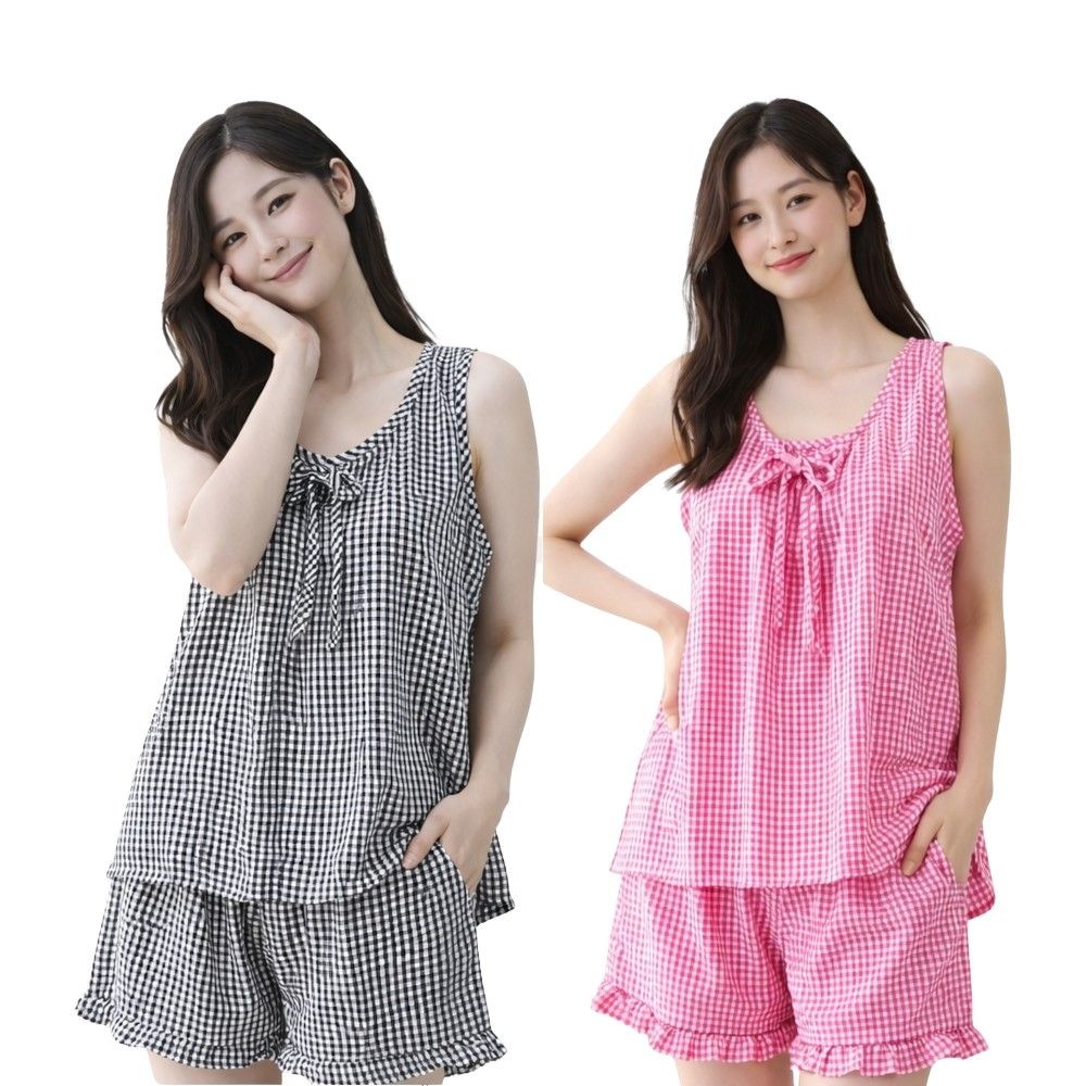 [시스넬라]지지미투피스파자마1세트 여성파자마,여름잠옷세트,시어서커,민소매,홈웨어,반바지잠옷
