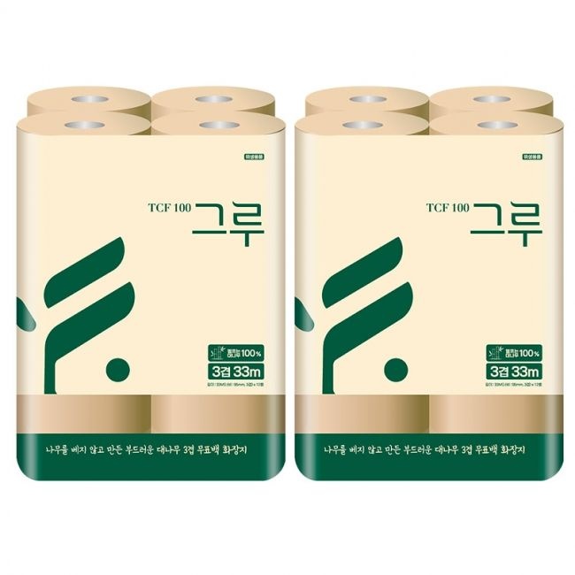 삼정펄프 그루 대나무 천연펄프 무표백 화장지 3겹 33M 12롤x2팩