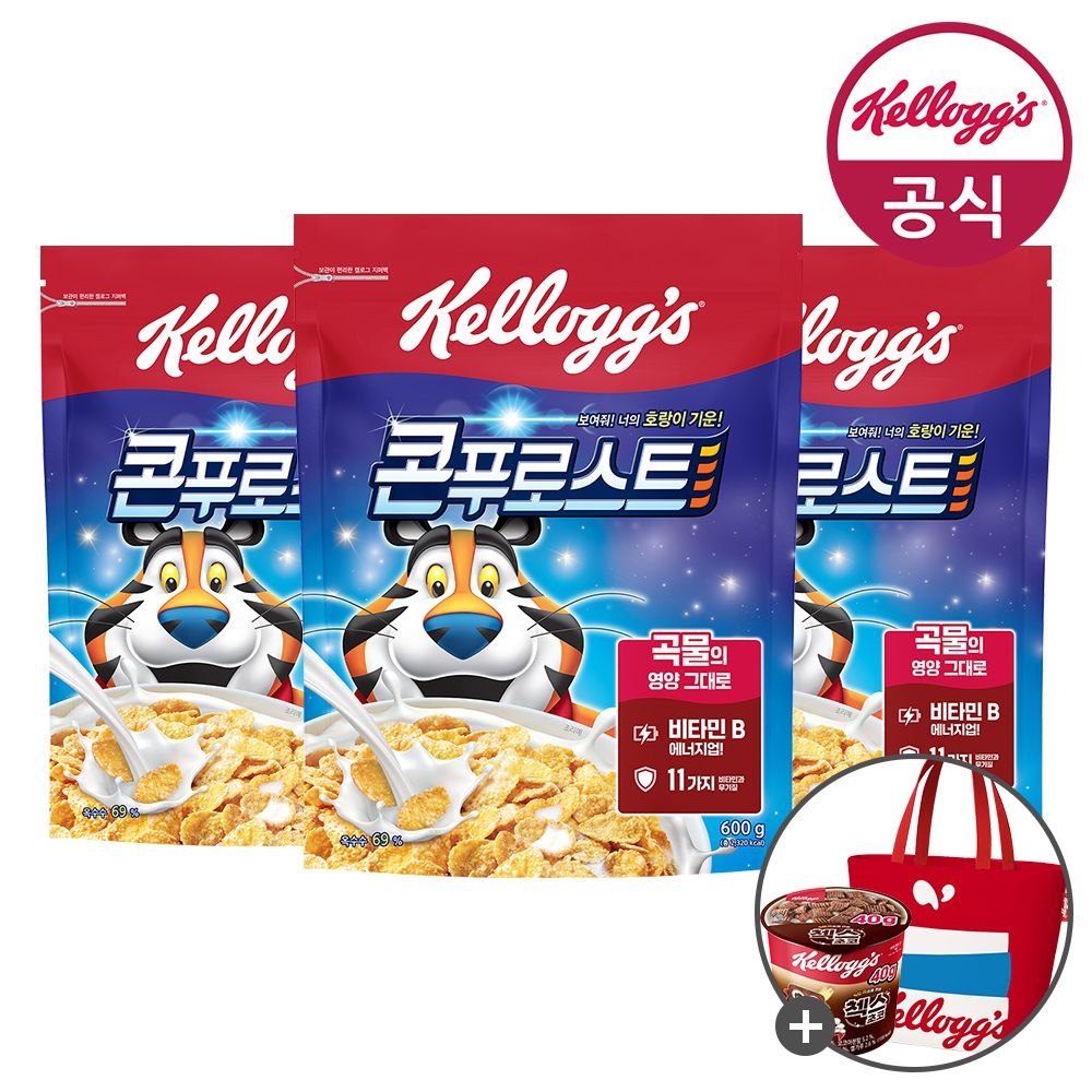 [롯데온] 켈로그 시리얼 콘푸로스트 600g 3개+컵시리얼+타포린백 (12,190원/무료)