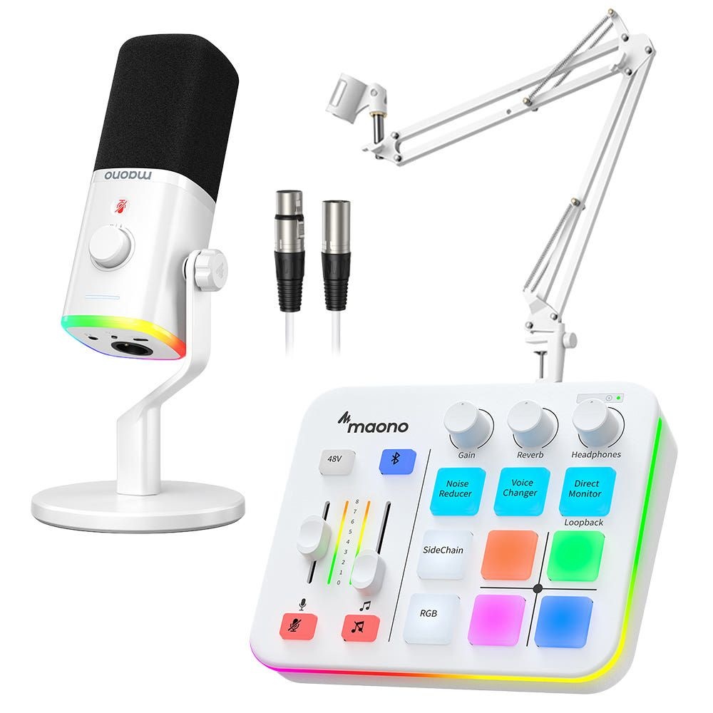 마오노 G1 NEO + PD100X 게이밍 방송용 오디오 인터페이스 믹서 USB XLR 다이나믹 마이크 스탠드 화이트 패키지