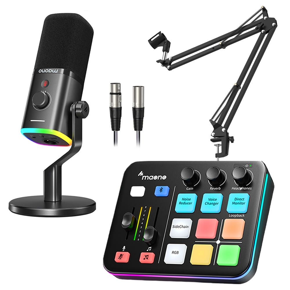 마오노 G1 NEO + PD100X 게이밍 방송용 오디오 인터페이스 믹서 USB XLR 다이나믹 마이크 스탠드 블랙 패키지