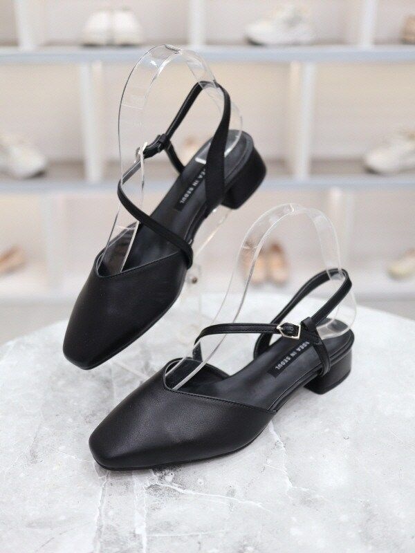모던 청키힐 사선 스트랩 슬링백 샌들 4cm BLMD31077GN