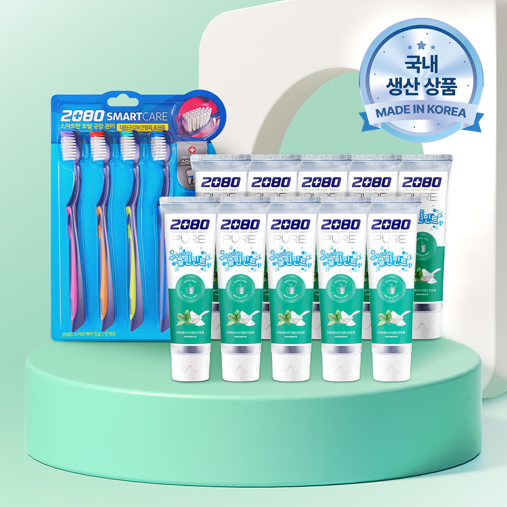 2080 베이킹소다 퓨어치약 클린민트 125gX10개+스마트케어 4입 칫솔
