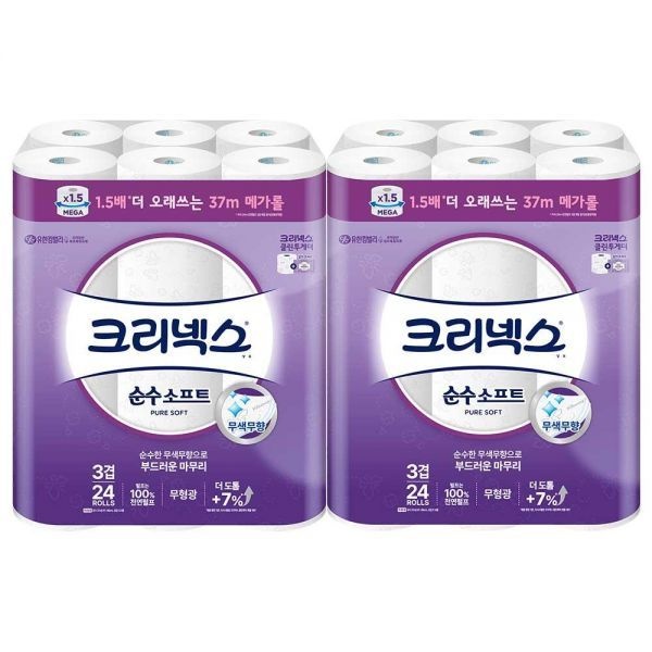 [무료배송] 크리넥스 천연펄프 3겹 순수소프트, 37m, 24롤, 2개
