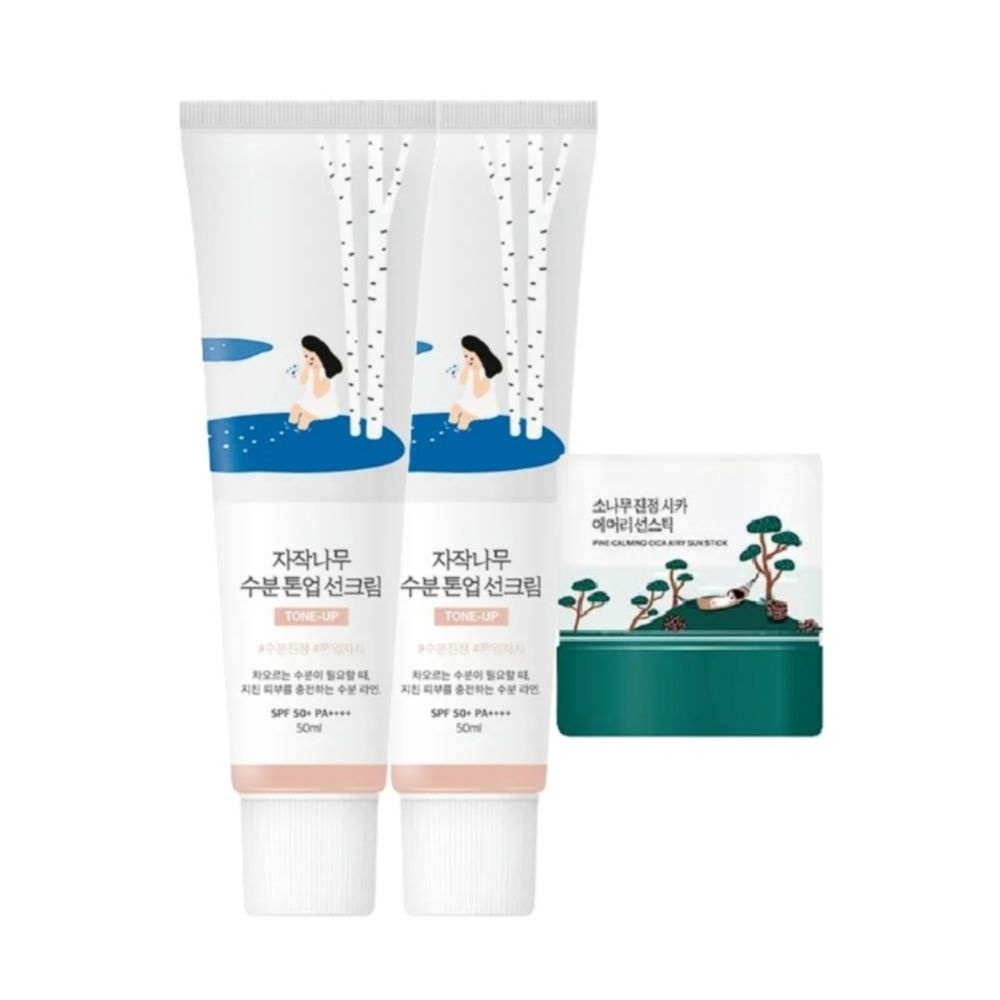 라운드랩 자작나무 수분 톤업 선크림 50ml 2개 + 미니 선스틱 10g