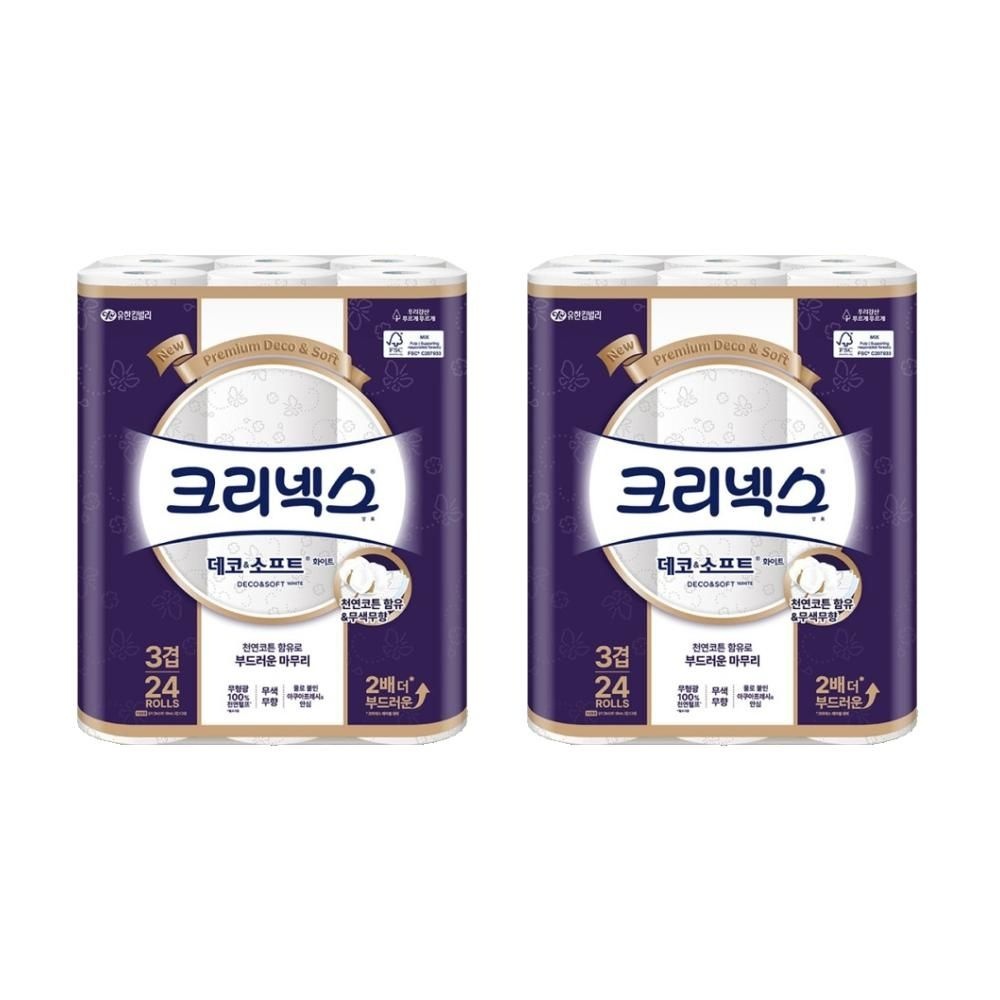 크리넥스 데코앤소프트 28m 24롤 3겹 휴지 화장지 크리네스 유한킴버리 2팩 MJ