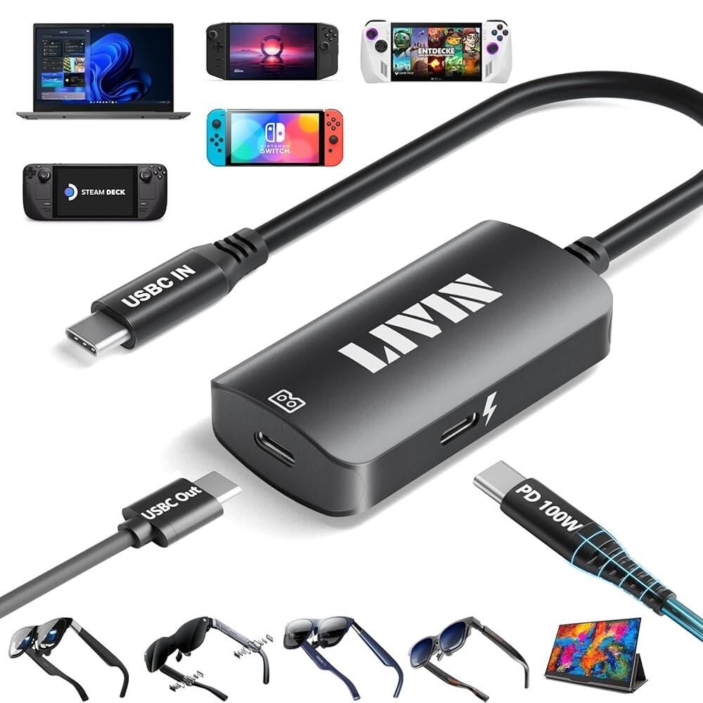 Livin LIVIN USB C to 휴대용 모니터, AR 안경 XREAL One、Air 2 Pro/VITURE Pro/RayNeo Air 2s/Rokid,【4K@60Hz+PD 100W], USB C to 타입 C 어댑터