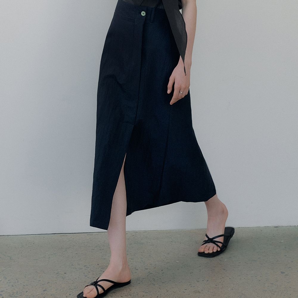 one-button cotton maxi skirt (deep navy) orc 6007