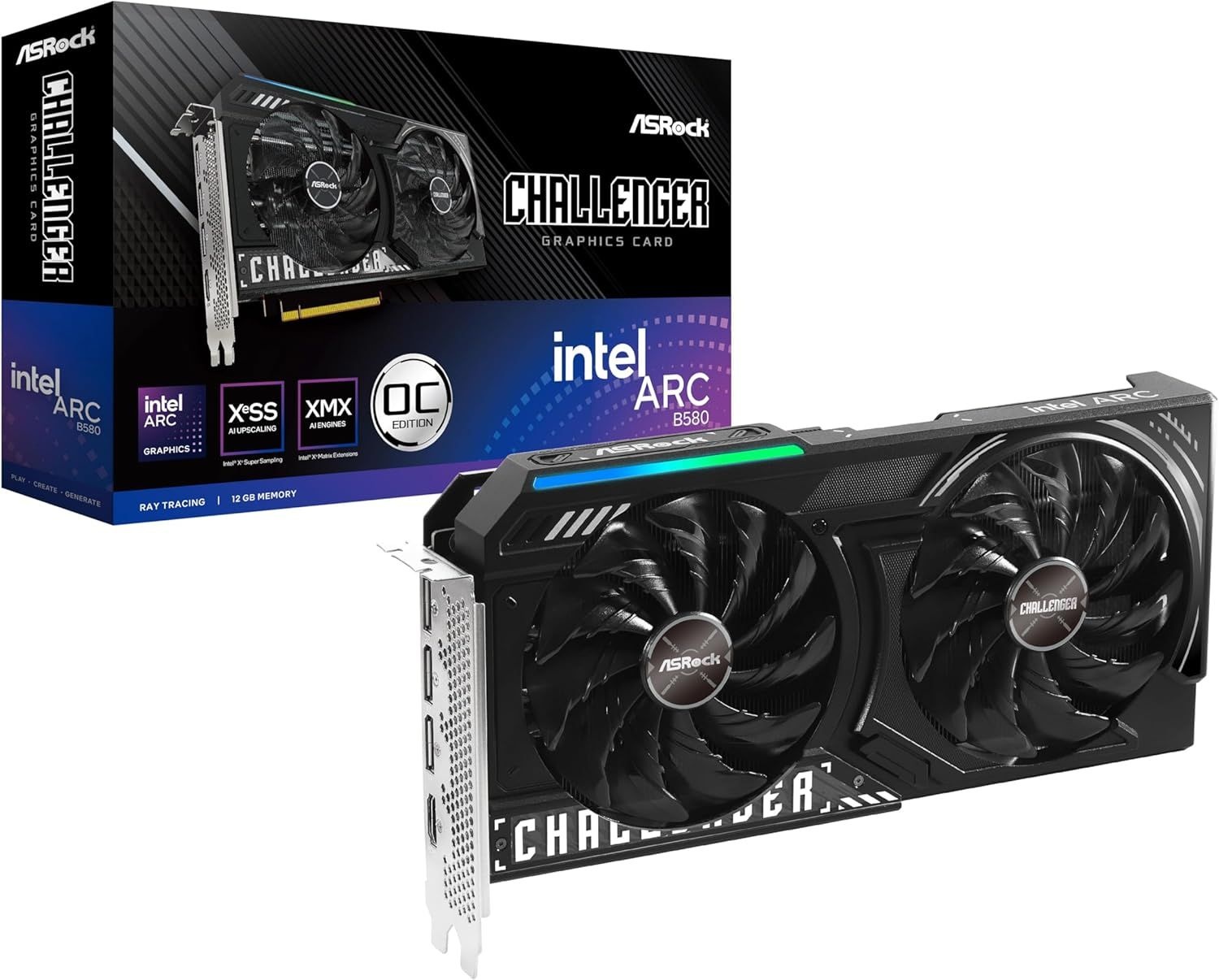 ASRock 인텔 Arc B580 챌린저 2GB OC 그래픽 카드 2740MHz G 클럭 DR6 디스플레이포트 2 HD 2a 듀얼 팬 냉각 0dB 무음 작동