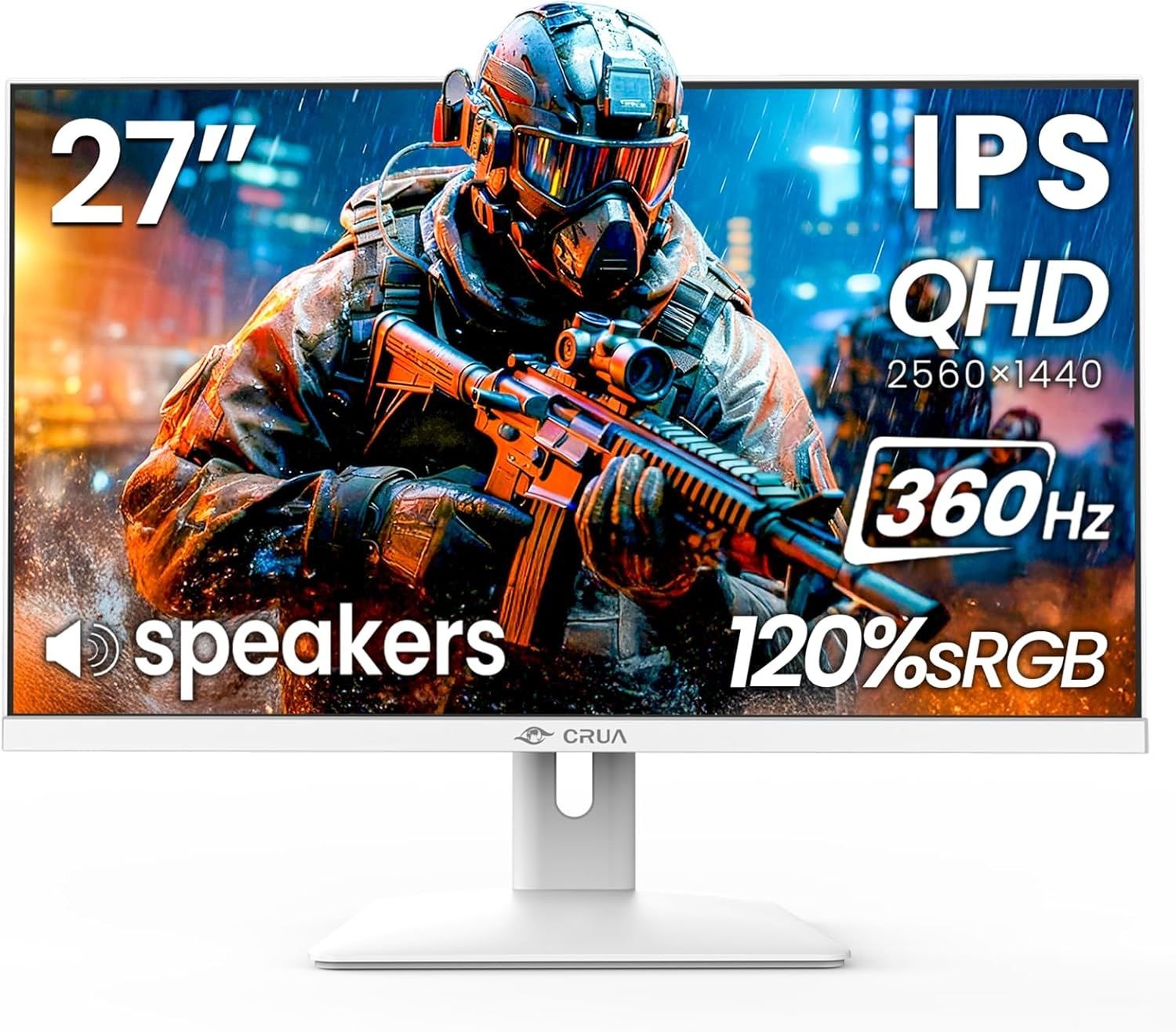 CRUA 27인치 게이밍 모니터 360Hz 2K QHD 2560x440 IPS 패널 화이트 컴퓨터 내장 스피커 AMD 프리싱크 지원 20 sRGB 블루