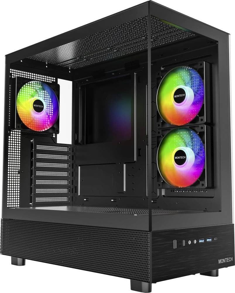 MONTECH XRB ATX 미드 타워 PC 게이밍 케이스 3x20mm PWM 팬 사전 설치 풀 뷰 듀얼 강화 유리 패널 우드 그레인 디자인 I/O