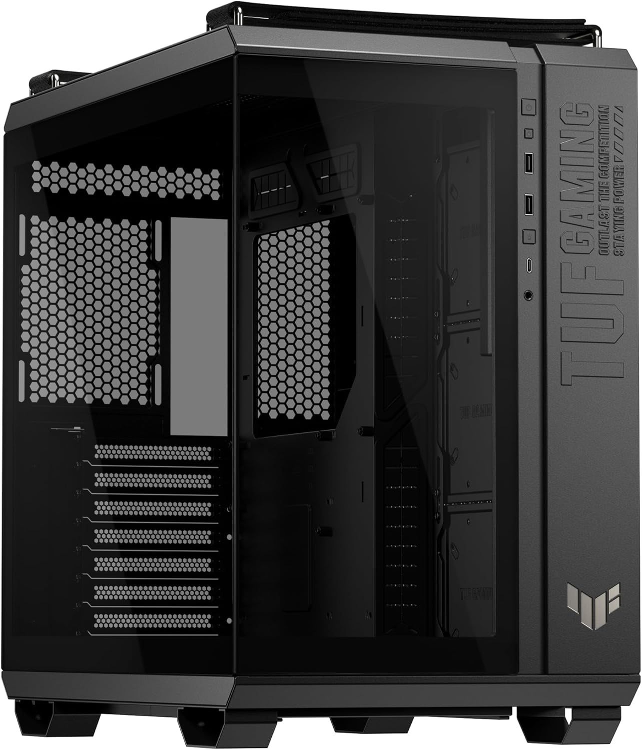 TUF 게이밍 GT502 호라이즌 ATX 미드 타워 PC 케이스(경계 없는 디자인 듀얼 챔버 독립 C 및 G 냉각 구역 도구 측면