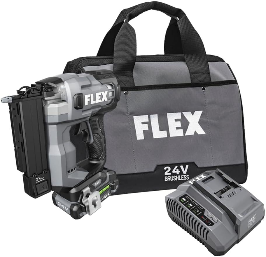 25Ah 배터리와 60W 고속 충전기가 장착된 FLEX 24V 브러시리스 23Ga 핀 네일러 키트 FX434A