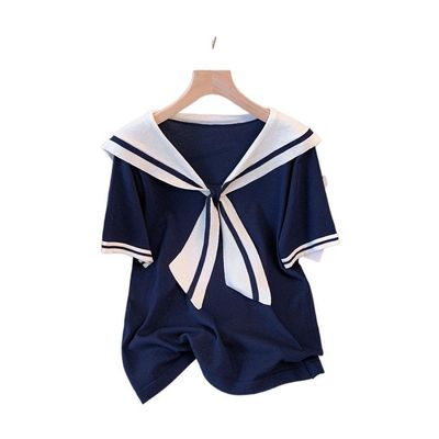 [ビッグサイズ]セーラー 神楽 Tシャツ ニット Tシャツ 体型カバースリムに見えるルーズフィット夏女性 衣類トップス