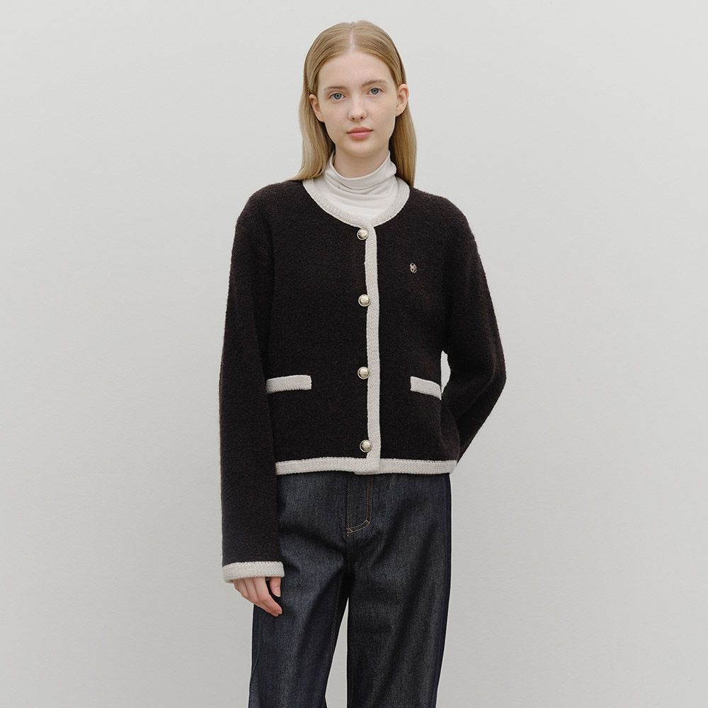 W BOUCLE KNIT ROUND NECK CARDIGAN black