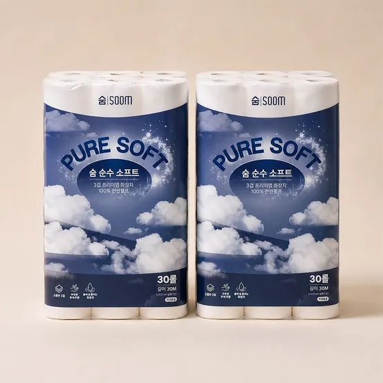 숨 순수 소프트 3겹 30m 30롤 2팩 100% 천연펄프 무형광 화장지