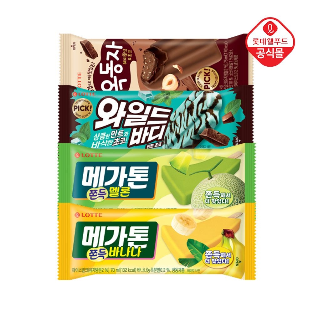 [롯데온] 롯데웰푸드 아이스크림 혼합 40개 택1 (메가톤 쫀득 멜론,바나나/와일드바디 민초/옥동자 헤이즐넛초코)