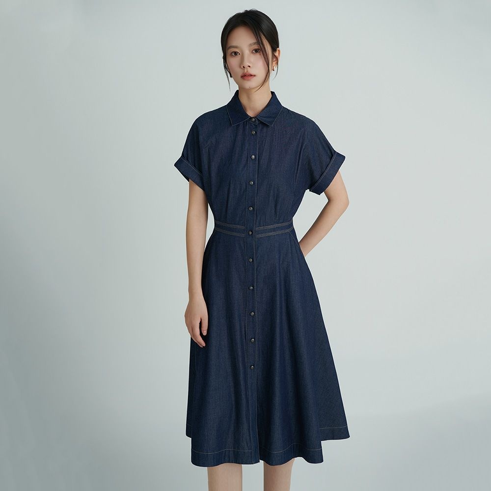 롤업 슬리브 데님 셔츠 원피스 O262T633