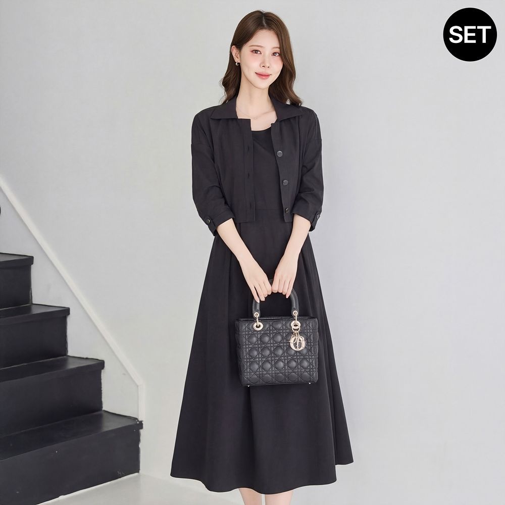 [SET]크롭 자켓 플레어 롱 원피스 세트_M2603SE026B