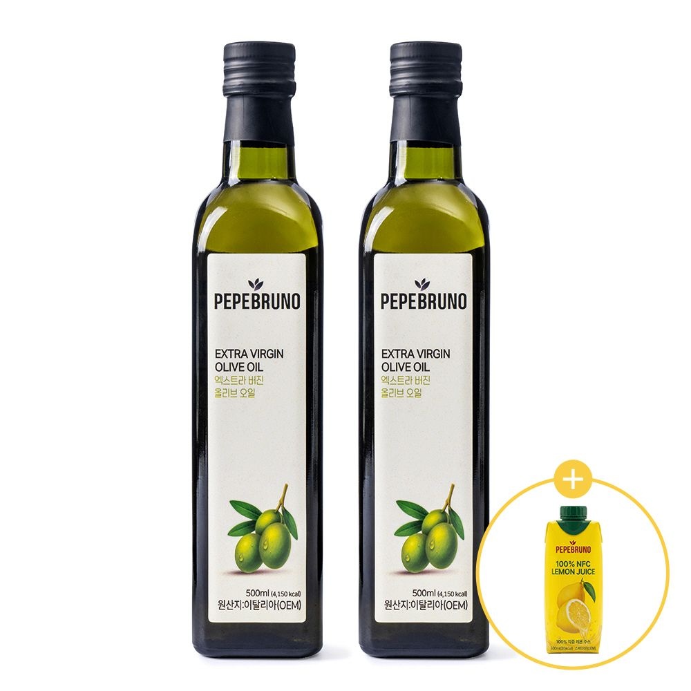 [오늘출발] 페페브루노 올레샷 엑스트라버진 올리브오일 500ml x 2병 + NFC 착즙 레몬즙 330ml(증정)