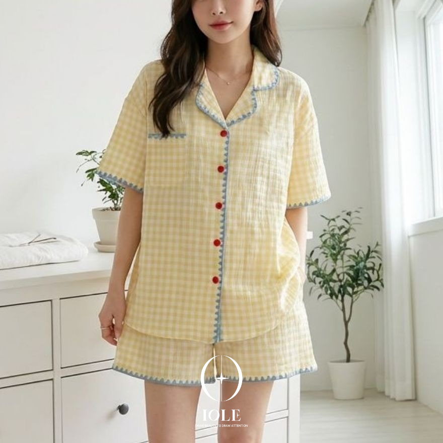 피크닉 옐로우 체크 파자마 지지미 여성잠옷 반팔 반바지 상하세트 여름 홈웨어