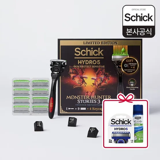 [몬스터헌터X쉬크] 하이드로5 5중날 스킨 프로텍트 센서티브 면도기 핸들1+날9+랜덤 키캡 4종