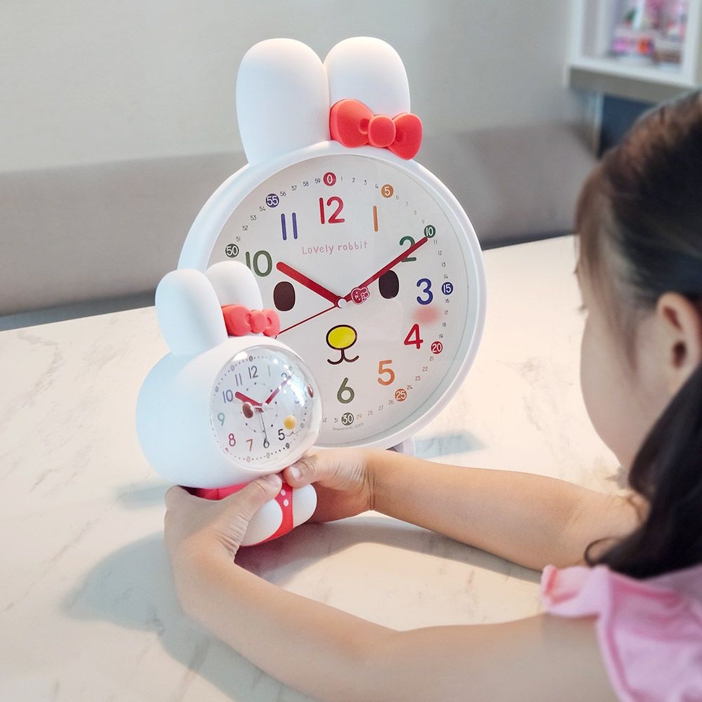[오늘출발] 멜로디 리본 토끼 교육용 무소음 알람 탁상 아이방 인테리어 학습용 시끄러운 스누즈 시계