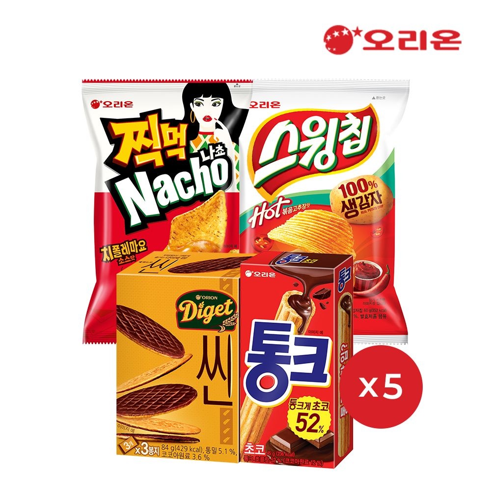 [롯데온] 오리온 나쵸 치폴레마요 5개+ 스윙칩 볶음고추장 5개 + 통크초코 5개 + 다이제씬 5개