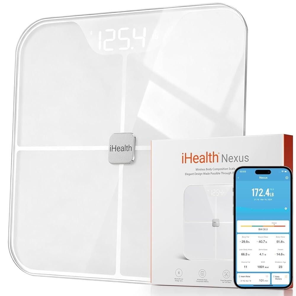 [해외] IHealth 넥서스 체지방 측정 스마트 BMI 체중계 디지털 욕실 블루투스 체중계, 강화 유리 저울판이 있는 체성분 분석