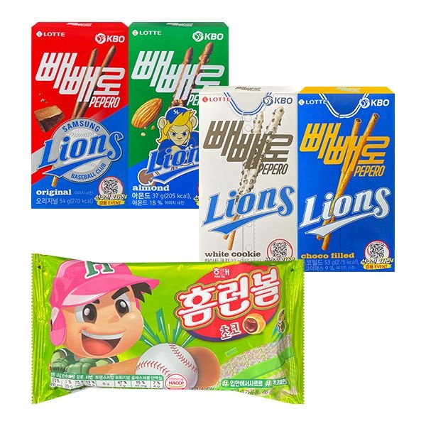 롯데 KBO 빼빼로 4종 삼성 라이온즈 + 해태 홈런볼 초코 46g 각 1개