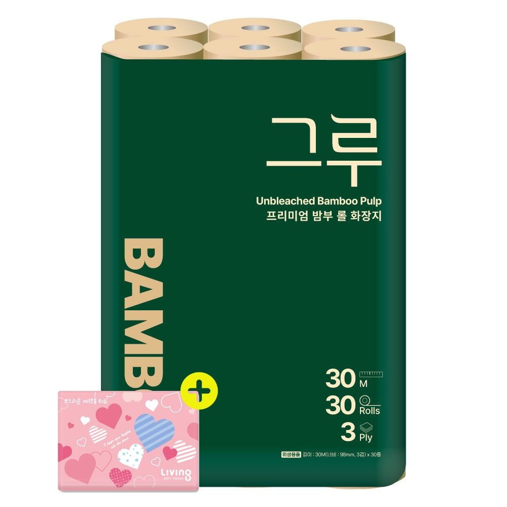 삼정펄프 그루 프리미엄 밤부 화장지 30m 30롤 1팩 + 여행용티슈 40매 1개