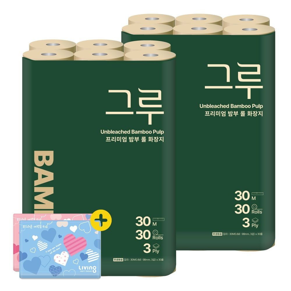 삼정펄프 그루 프리미엄 밤부 화장지 30m 30롤 2팩 + 여행용티슈 40매 2개