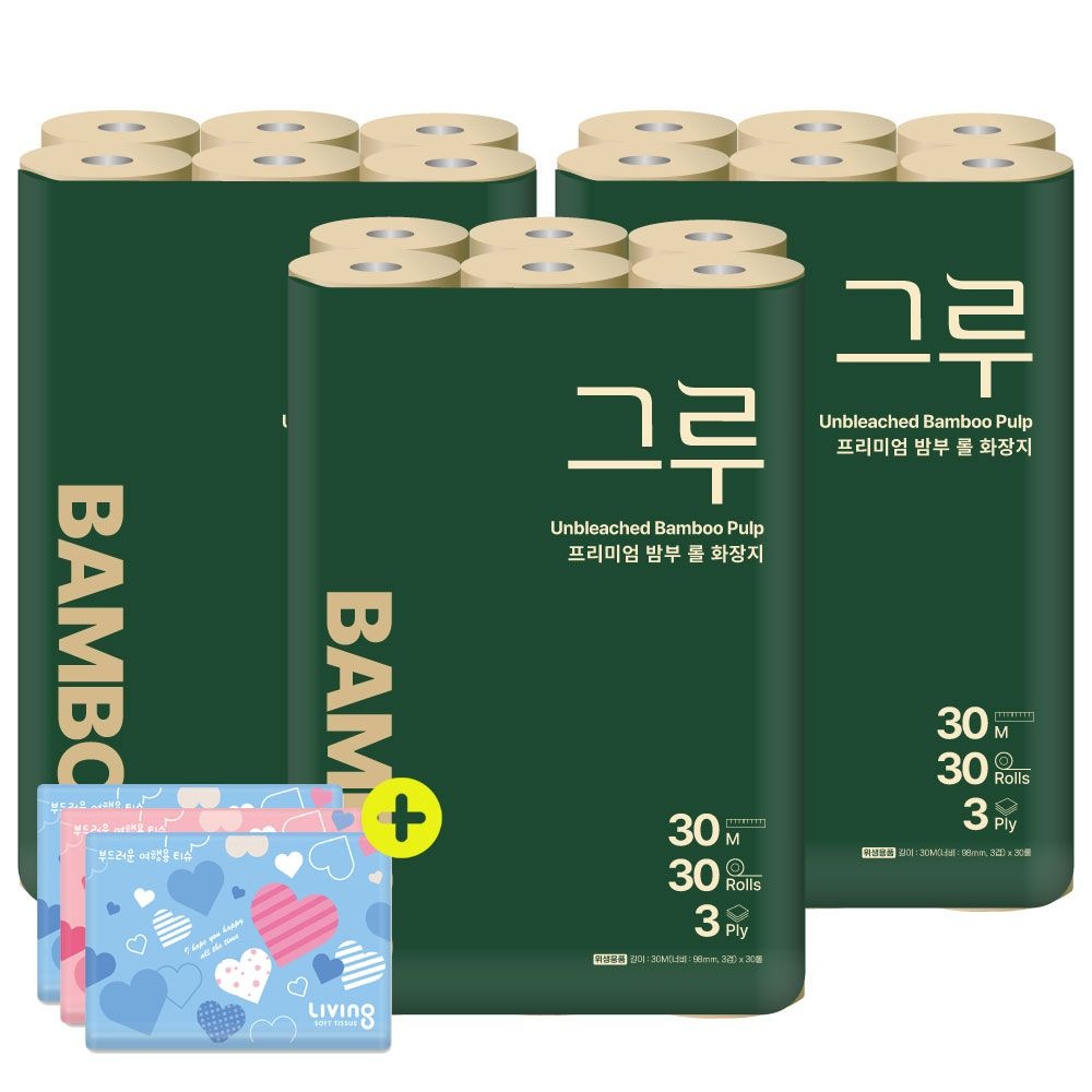삼정펄프 그루 프리미엄 밤부 화장지 30m 30롤 3팩 + 여행용티슈 40매 3개
