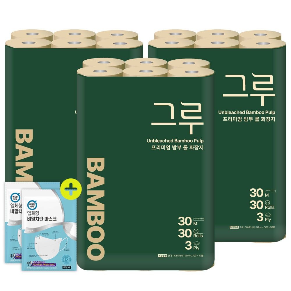 삼정펄프 밤부 프리미엄 화장지 30m 30롤 3팩 + 입체형 비말차단 마스크3p 2매
