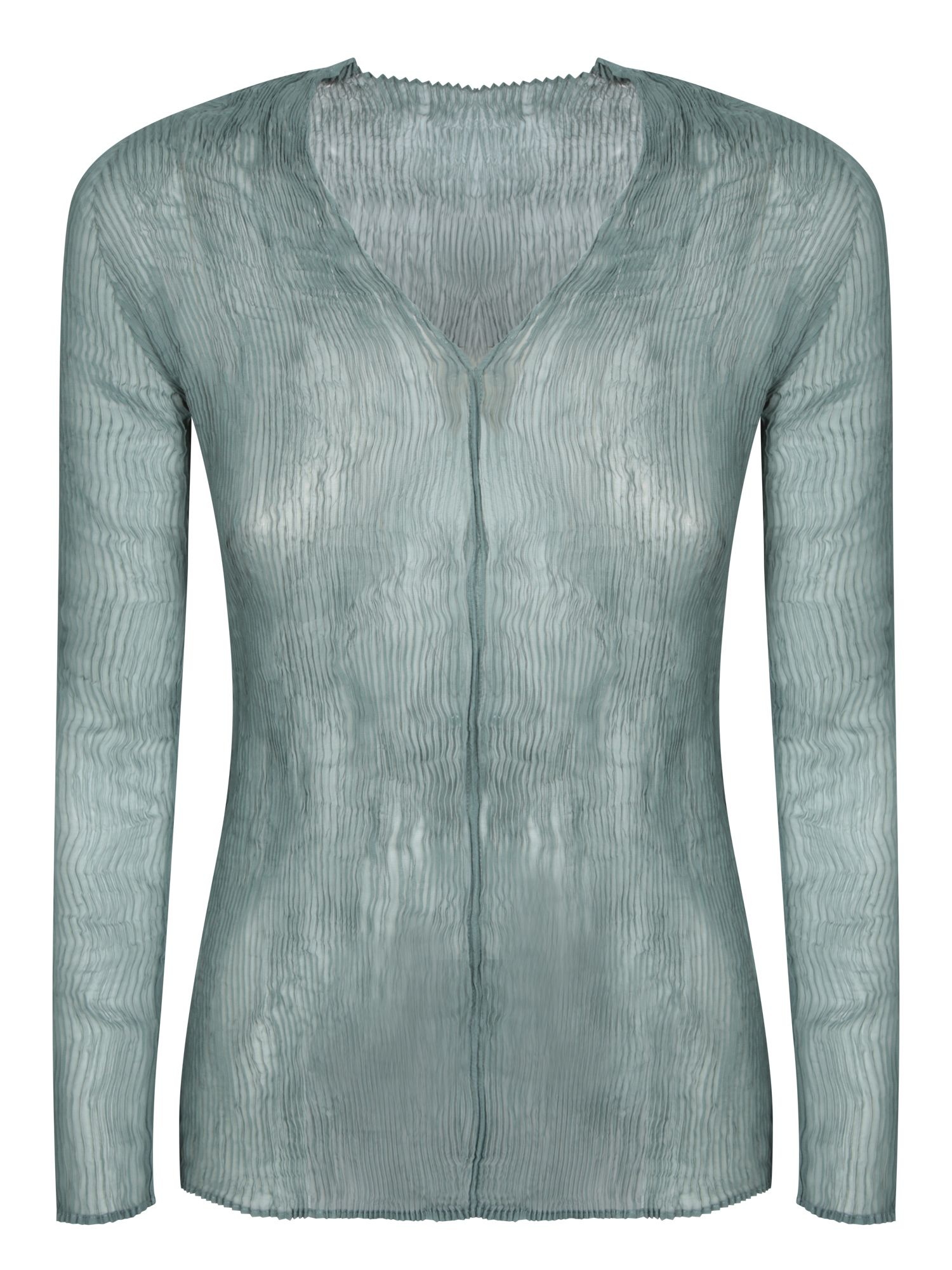이세이미야케 25SS 이세이미야케 롱 sleeve chiffon 탑. 그린 color. 컷 with 트위스트 detail 앤 V-넥라인. IM56FJ41369