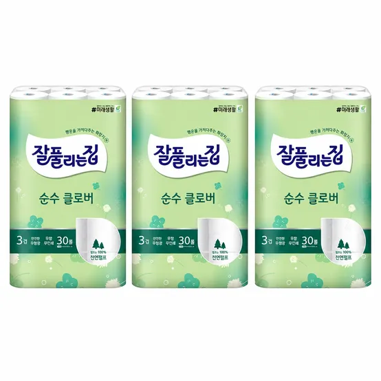 잘풀리는집 순수클로버 화장지 30M 30롤, 3팩