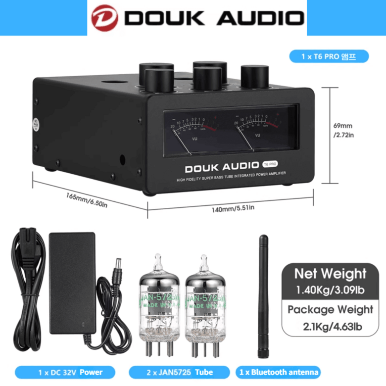 [해외] Douk Audio T6 PRO 진공관 인티앰프 JAN5725 블루투스 VU미터 300W